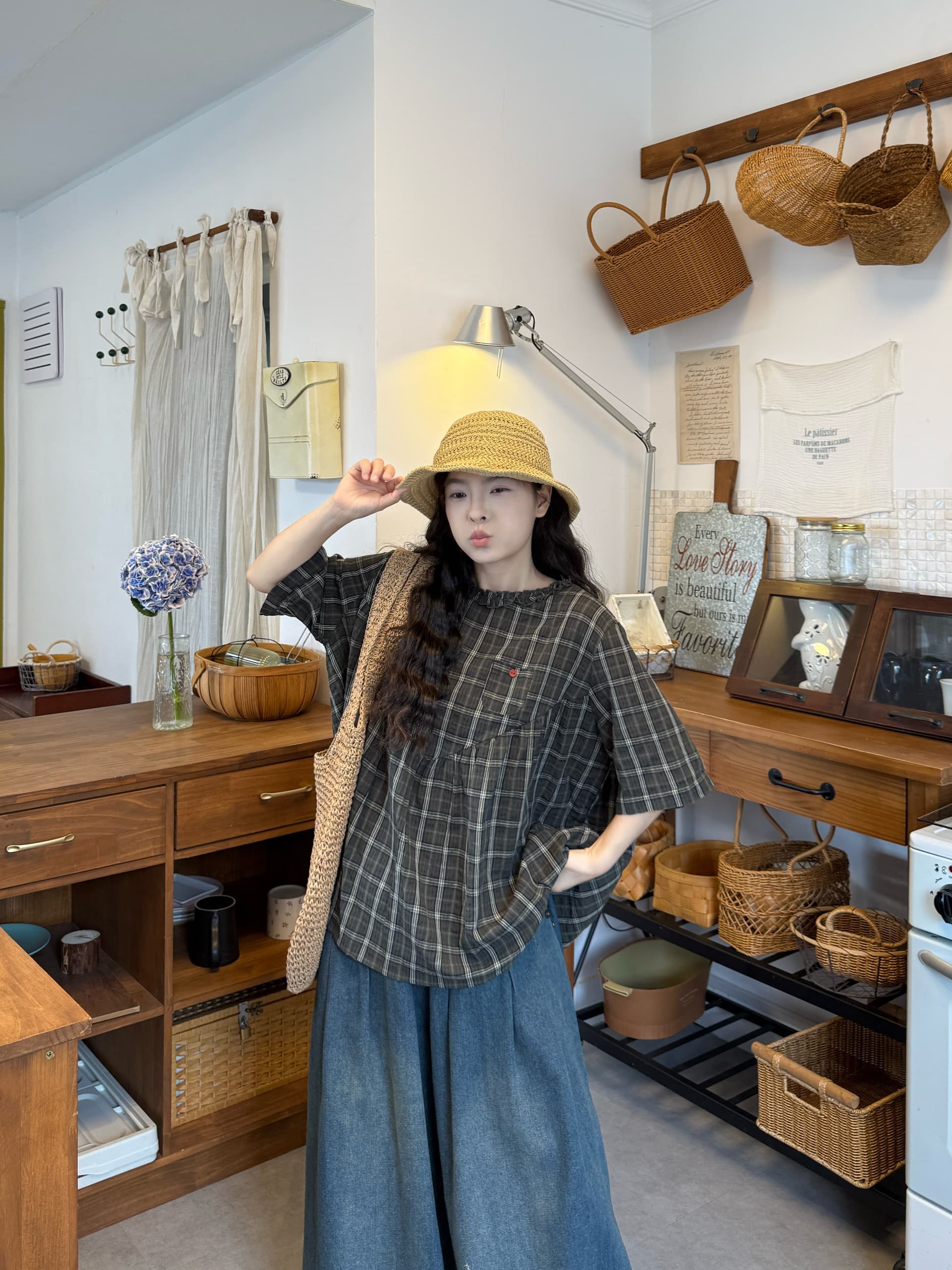실사 체크무늬 반팔 맨위 청바지 상세 이미지 2