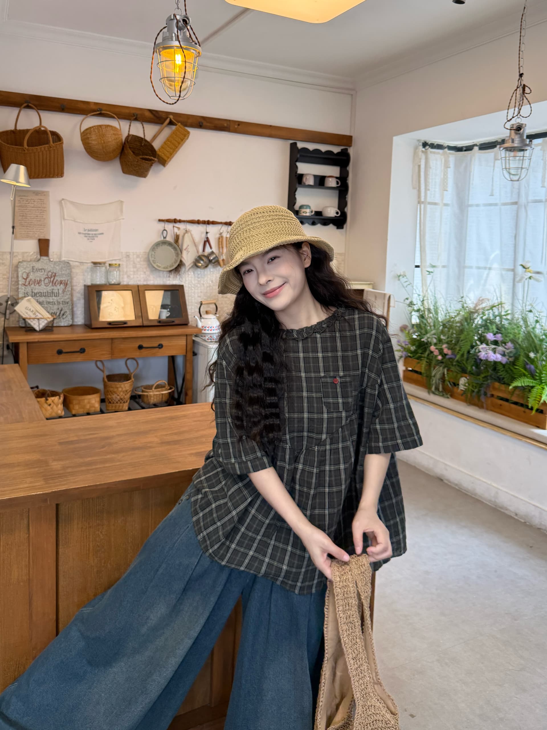 실사 체크무늬 반팔 맨위 청바지 상세 이미지 3