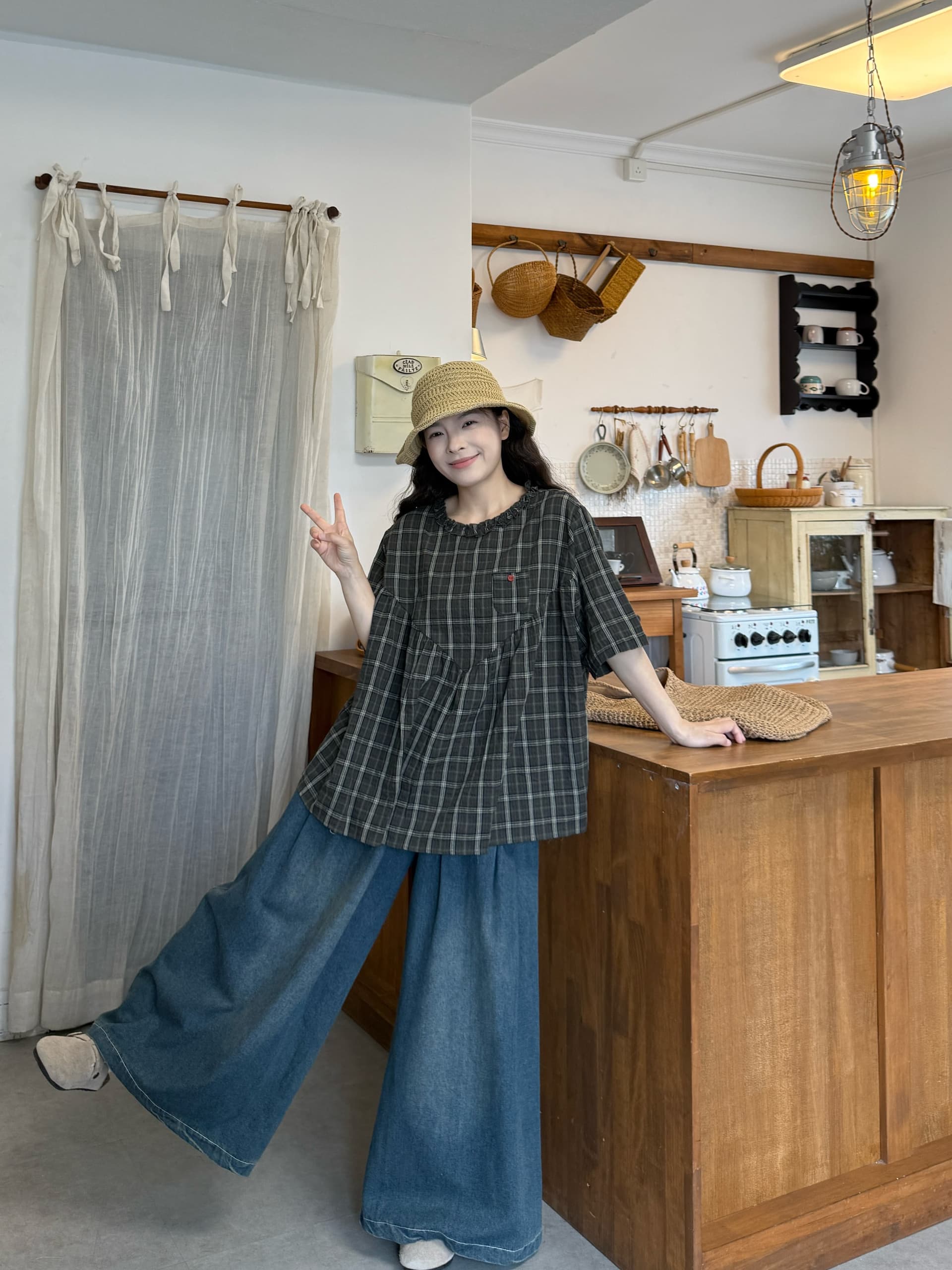 실사 체크무늬 반팔 맨위 청바지 상세 이미지 5