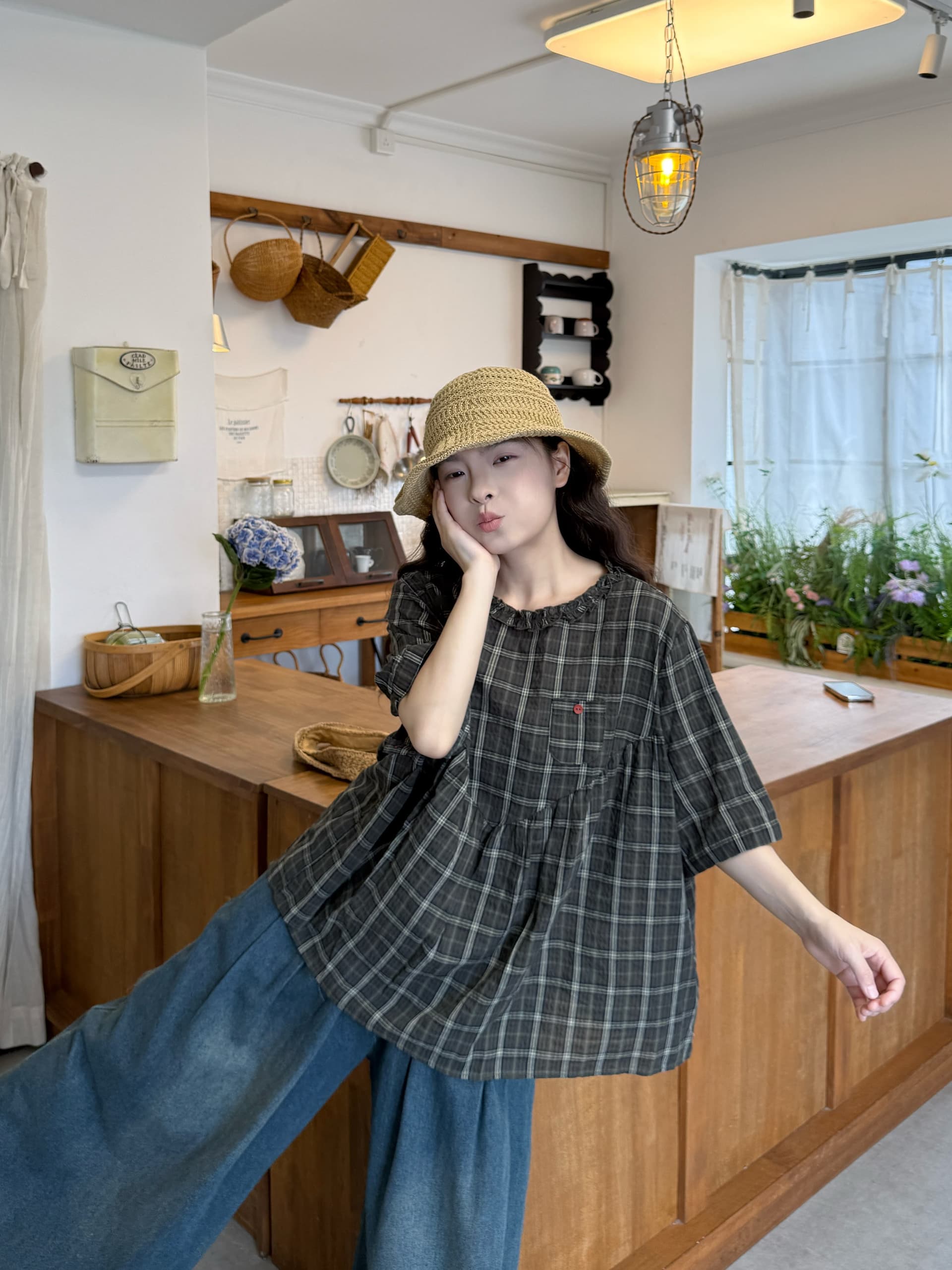 실사 체크무늬 반팔 맨위 청바지 상세 이미지 11