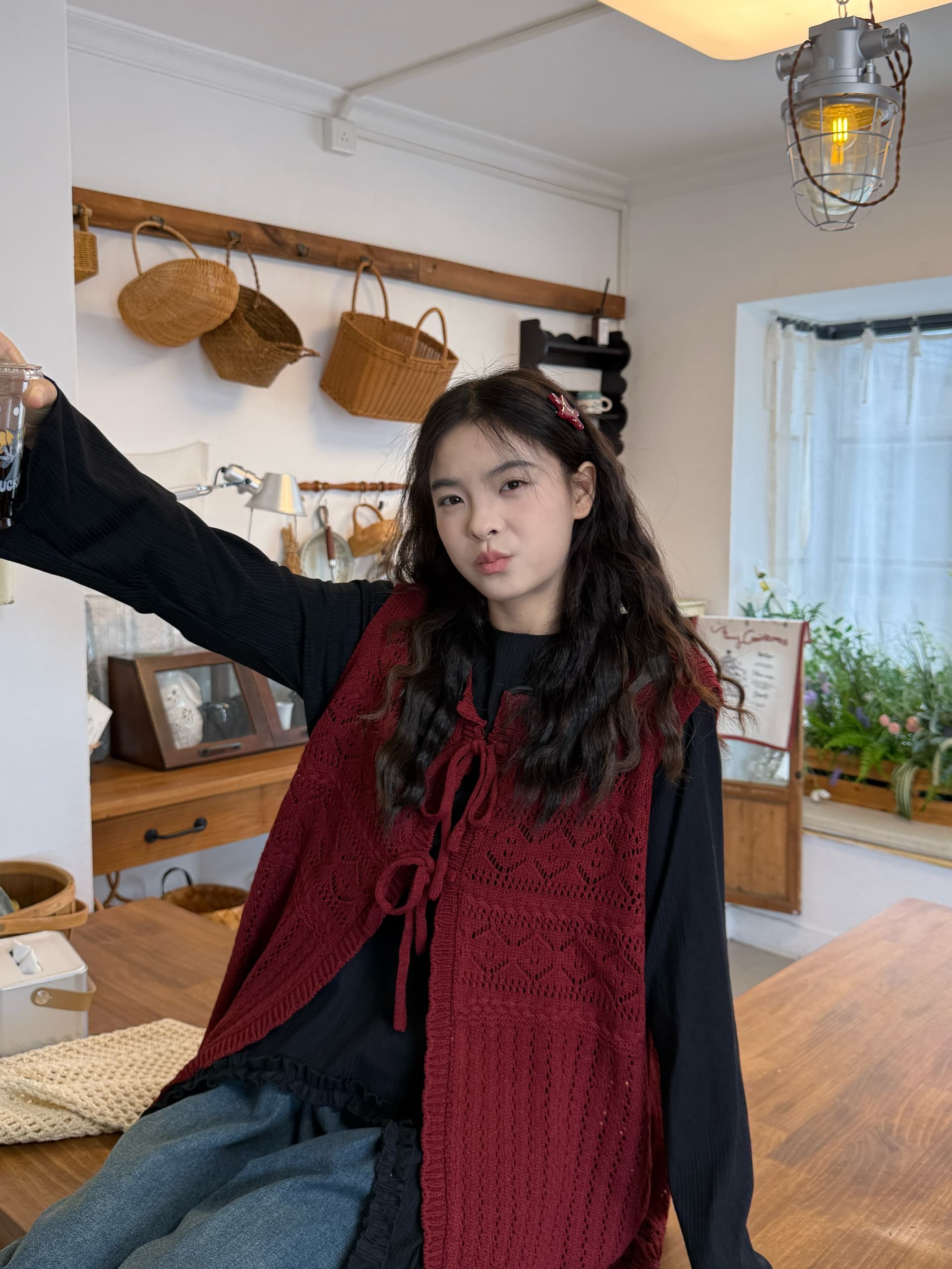 실사 선물 물품 스트랩 니트 베스트 프릴 불규칙 만나는 청바지 상세 이미지 1