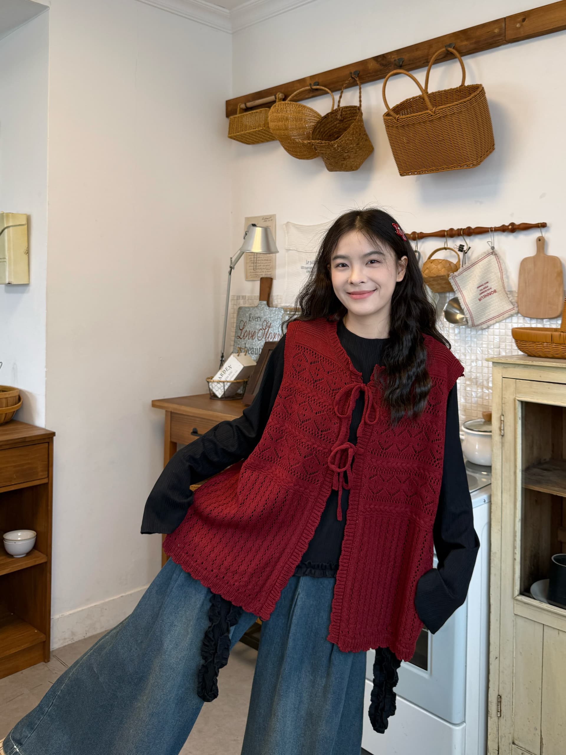실사 선물 물품 스트랩 니트 베스트 프릴 불규칙 만나는 청바지 상세 이미지 2