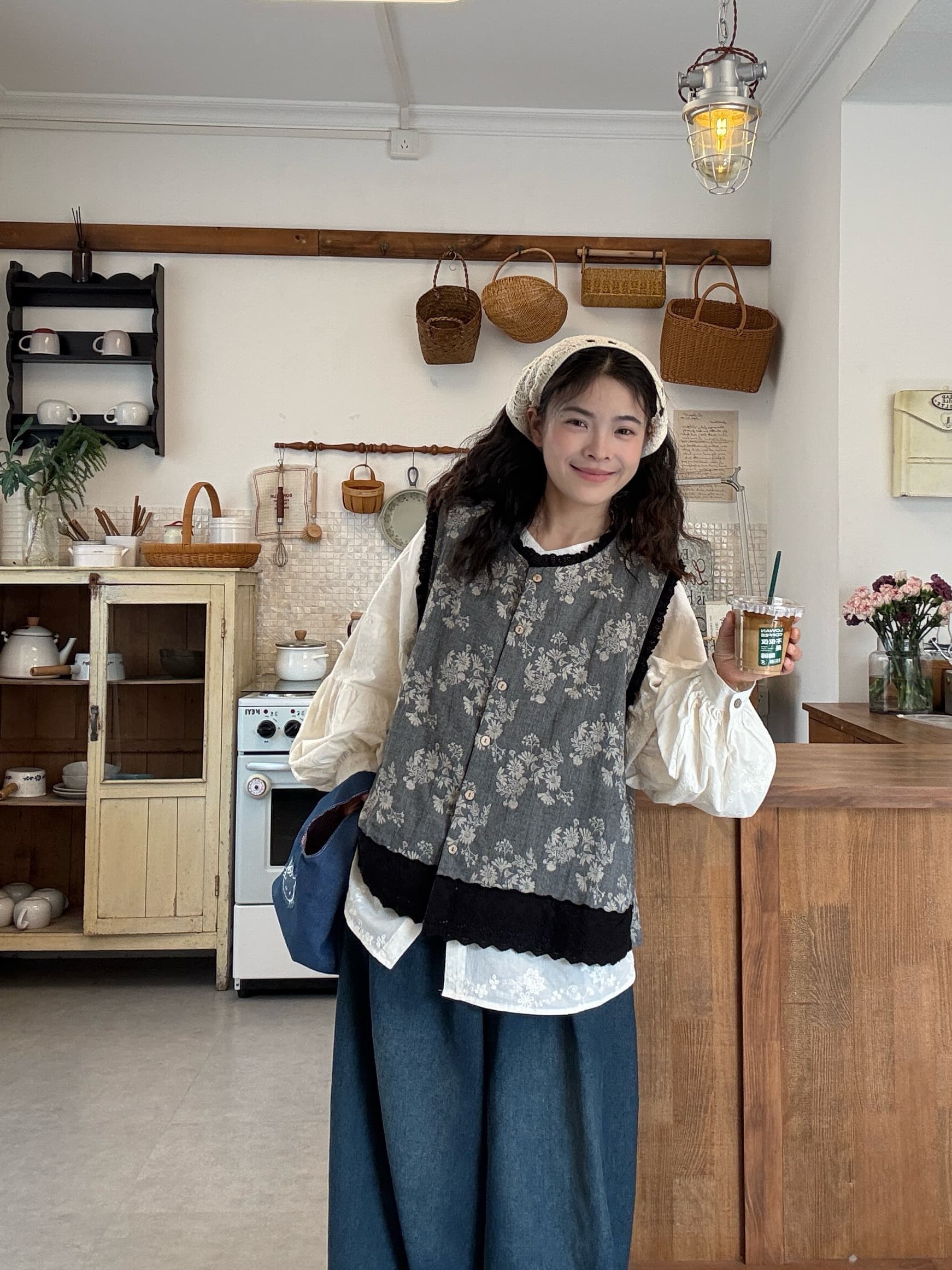 실사 선물 물품 오픈 가디건 베스트 자수 루즈핏 셔츠 청바지 상세 이미지 2