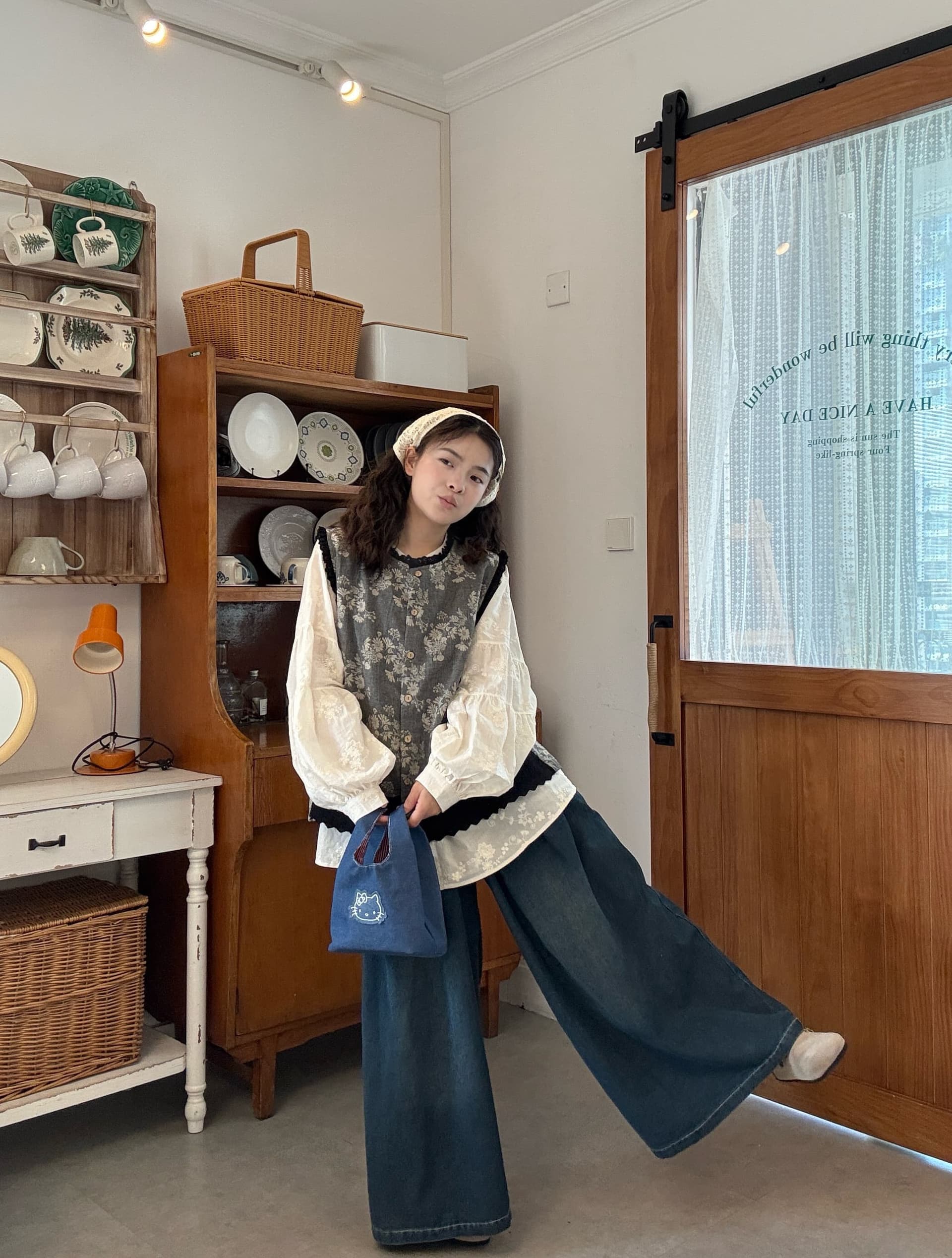 실사 선물 물품 오픈 가디건 베스트 자수 루즈핏 셔츠 청바지 상세 이미지 9