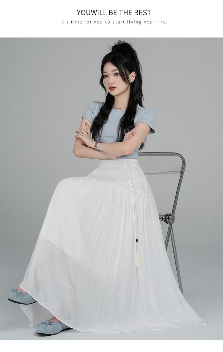 국풍 레이스업 여름 새로운 하이웨이스트 품격 롱 스커트 밴딩 부드러운 슬림해 보이는 루즈핏 중간 길이 반신 스커트 여성 상세 이미지 12