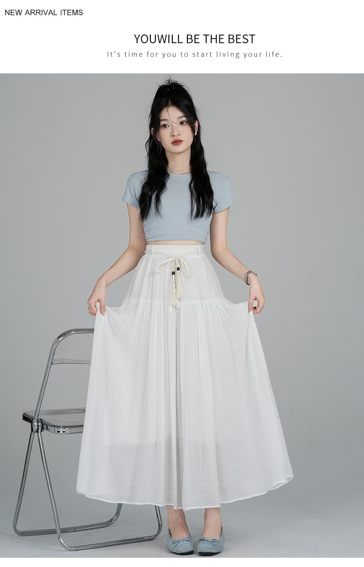 국풍 레이스업 여름 새로운 하이웨이스트 품격 롱 스커트 밴딩 부드러운 슬림해 보이는 루즈핏 중간 길이 반신 스커트 여성 상세 이미지 13