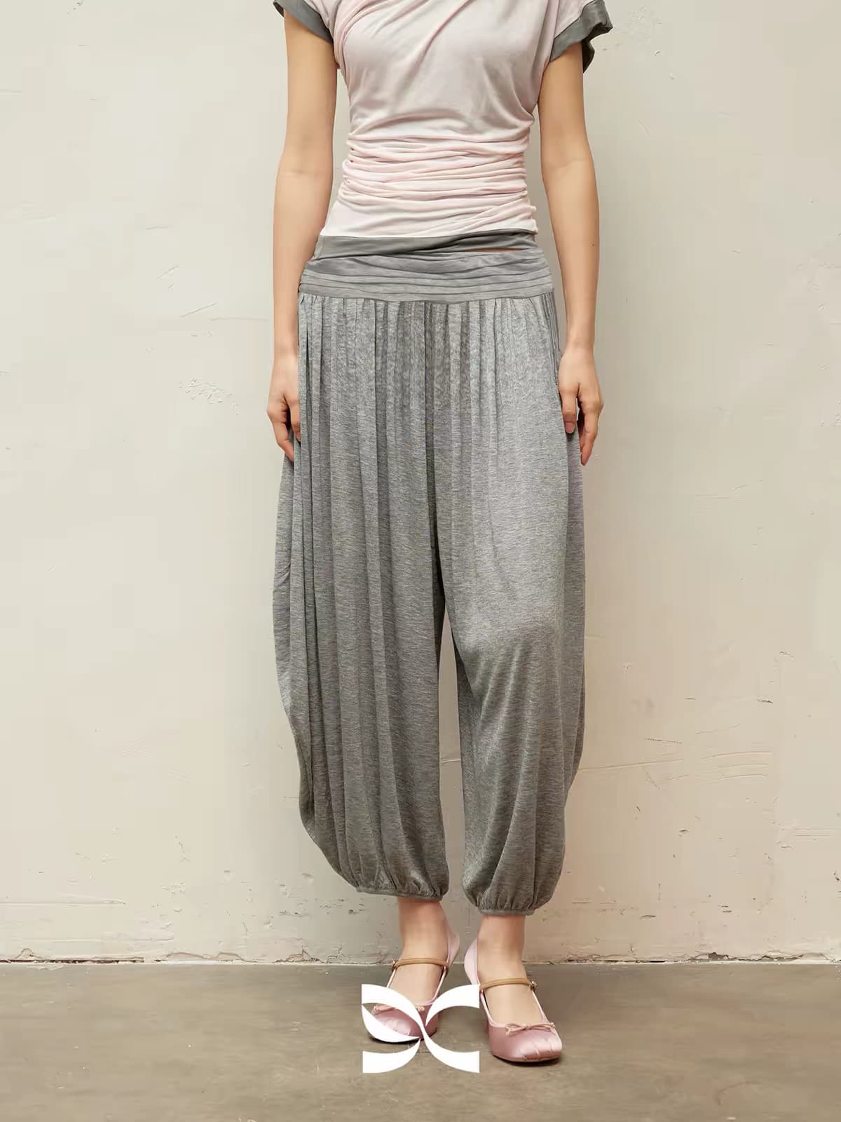 한 부서 힙 Pleat 허리 머리 얇고 가벼운 통기성 조거 배기 바지 여성 여름 얼음 실크 모달 9 포인트 캐주얼 꽃밭 바지 상세 이미지 3