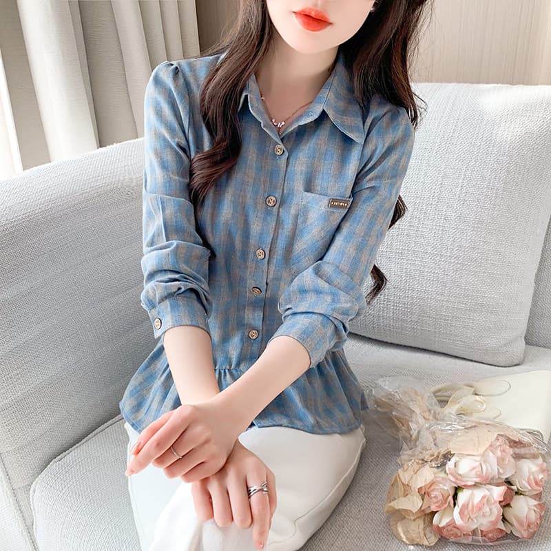 레트로 체크무늬 POLO 칼라 긴팔 셔츠 2026 봄 새로운 허리 수축 슬림해 보이는 작은 대중 프릴 맨위 이미지 2