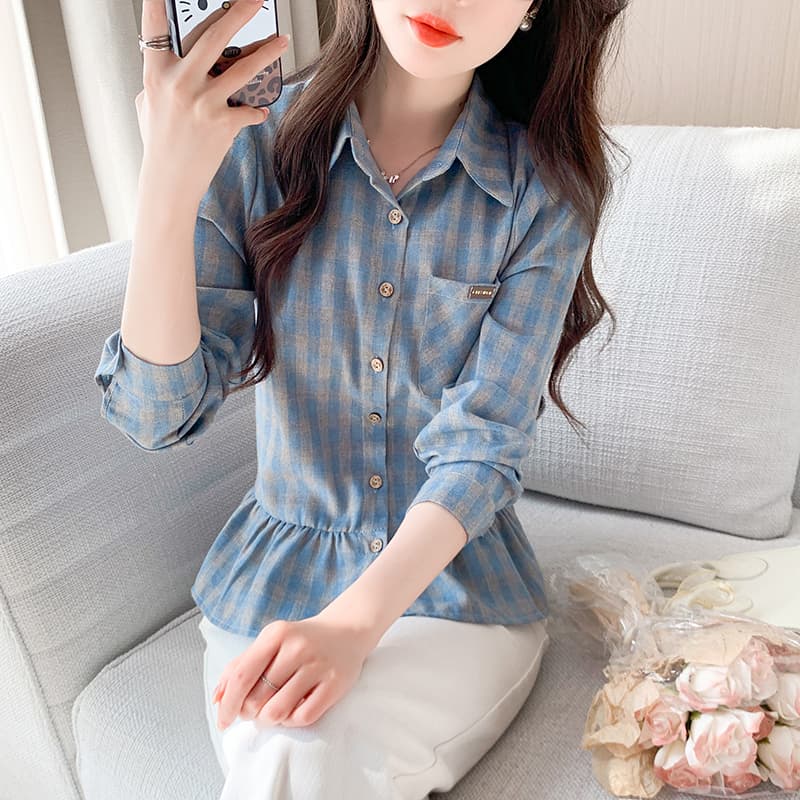 레트로 체크무늬 POLO 칼라 긴팔 셔츠 2026 봄 새로운 허리 수축 슬림해 보이는 작은 대중 프릴 맨위 이미지 4