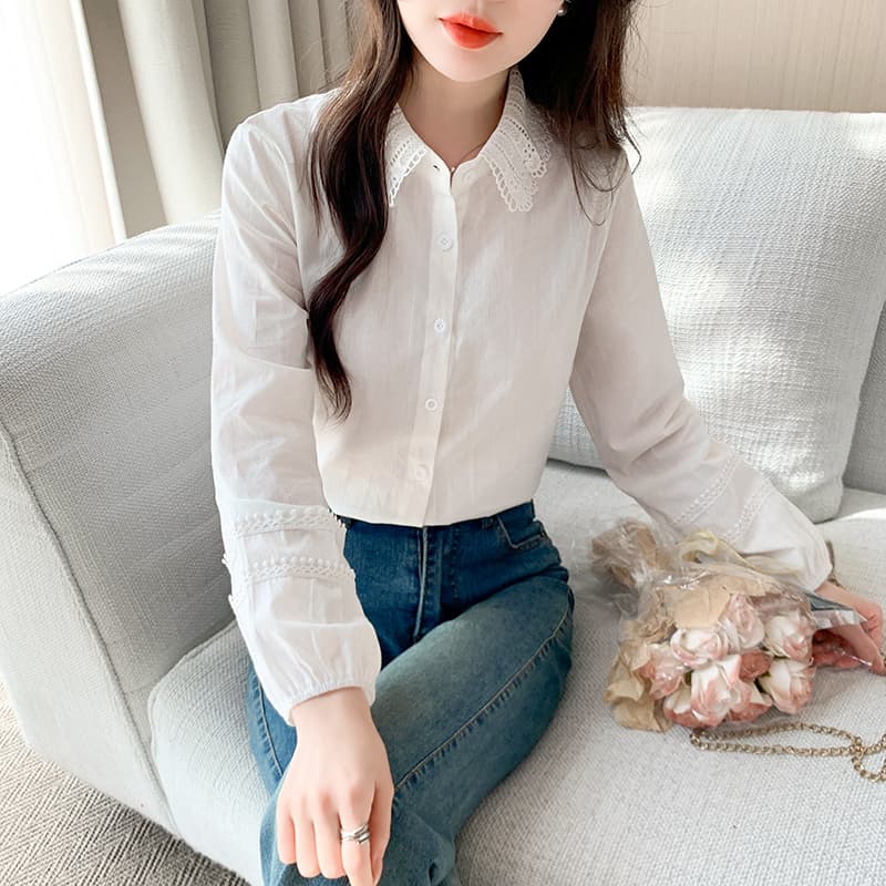 레이스 조각 폴로 칼라 화이트 셔츠 2026 봄 새로운 루즈핏 다용도 품격 연령 감소 맨위 이미지 3