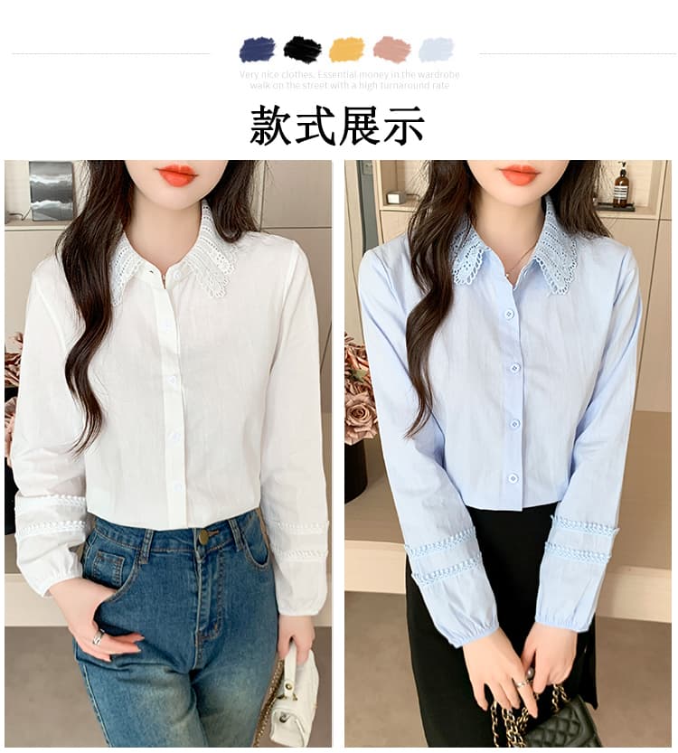 레이스 조각 폴로 칼라 화이트 셔츠 2026 봄 새로운 루즈핏 다용도 품격 연령 감소 맨위 상세 이미지 3