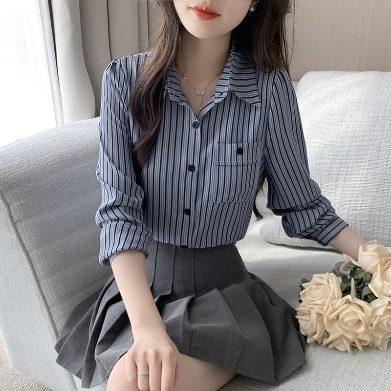 2026 봄 새로운 패션 연령 감소 스트라이프 셔츠 여성 긴 소매 캐주얼 외국 가스 맨위 이미지 3