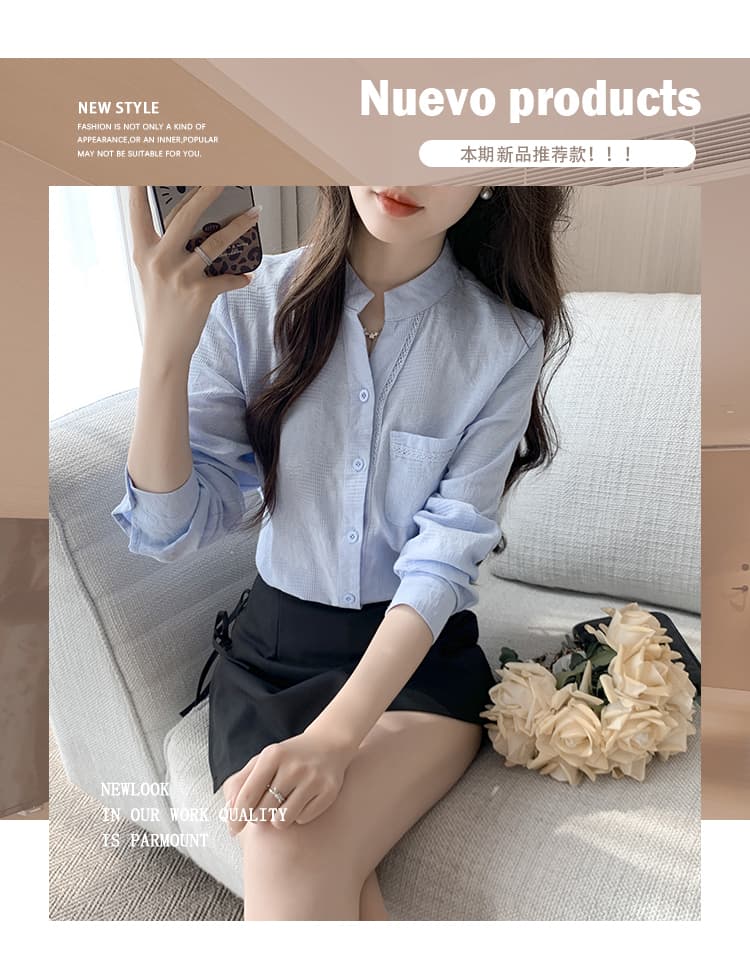 실사 2026 봄 새로운 단색 다용도 캐주얼 긴팔 셔츠 패치워크 레이스 스탠드 칼라 맨위 상세 이미지 1