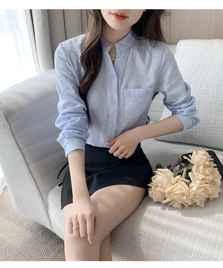 실사 2026 봄 새로운 단색 다용도 캐주얼 긴팔 셔츠 패치워크 레이스 스탠드 칼라 맨위 상세 이미지 15
