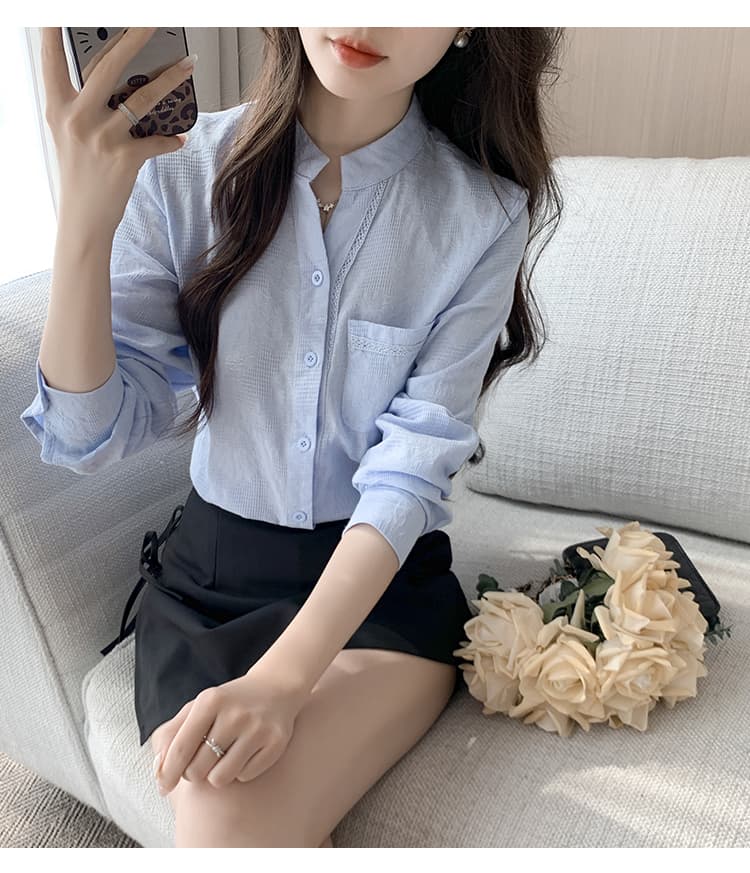 실사 2026 봄 새로운 단색 다용도 캐주얼 긴팔 셔츠 패치워크 레이스 스탠드 칼라 맨위 상세 이미지 17