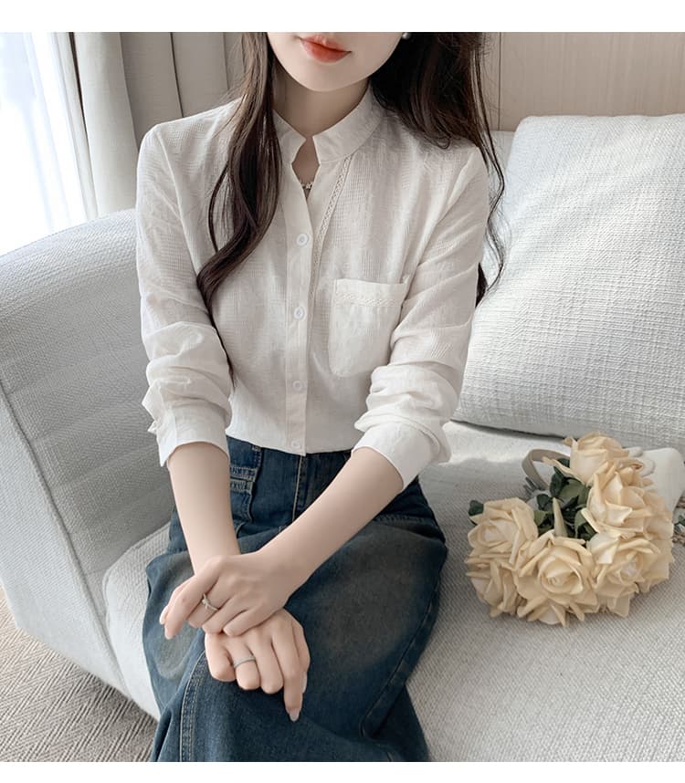실사 2026 봄 새로운 단색 다용도 캐주얼 긴팔 셔츠 패치워크 레이스 스탠드 칼라 맨위 상세 이미지 25