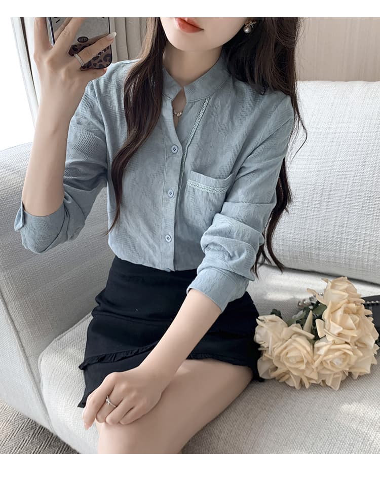 실사 2026 봄 새로운 단색 다용도 캐주얼 긴팔 셔츠 패치워크 레이스 스탠드 칼라 맨위 상세 이미지 43
