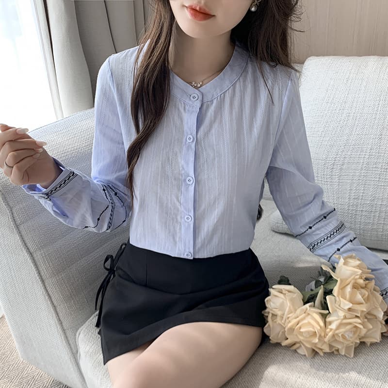 문예 바람 커프스 자수 스탠드 칼라 화이트 셔츠 2026 봄 새로운 품격 다용도 맨위 이미지 5