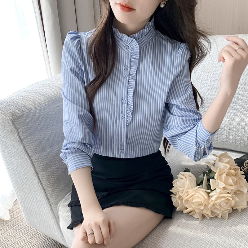 궁정 바람 프릴 스탠드 칼라 스트라이프 셔츠 2026 봄 새로운 패치워크 긴팔 다용도 맨위 이미지 3