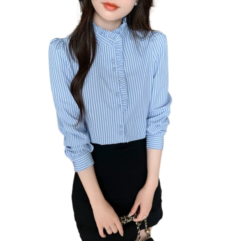 궁정 바람 프릴 스탠드 칼라 스트라이프 셔츠 2026 봄 새로운 패치워크 긴팔 다용도 맨위 이미지 6