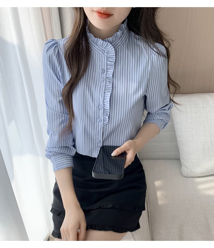 궁정 바람 프릴 스탠드 칼라 스트라이프 셔츠 2026 봄 새로운 패치워크 긴팔 다용도 맨위 상세 이미지 17