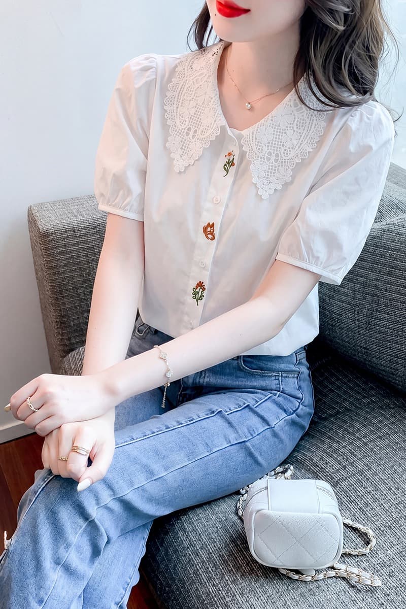 여름 새로운 문예 바람 자수 반팔 화이트 셔츠 품격 캐주얼 레이스 폴로 칼라 패치워크 거품 소매 맨위 이미지 6