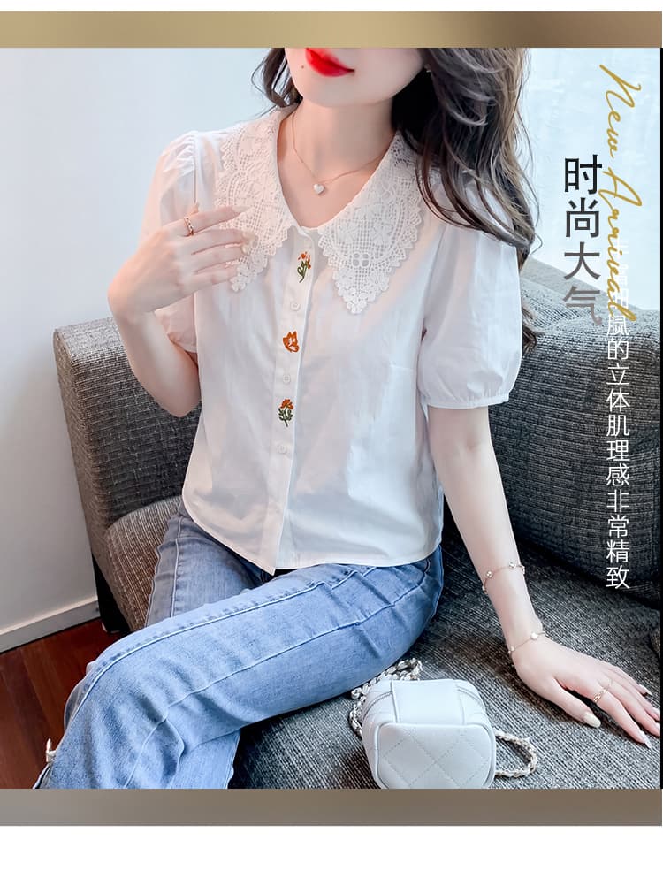 여름 새로운 문예 바람 자수 반팔 화이트 셔츠 품격 캐주얼 레이스 폴로 칼라 패치워크 거품 소매 맨위 상세 이미지 5