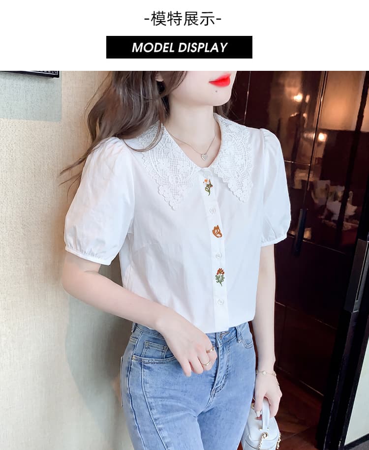 여름 새로운 문예 바람 자수 반팔 화이트 셔츠 품격 캐주얼 레이스 폴로 칼라 패치워크 거품 소매 맨위 상세 이미지 15
