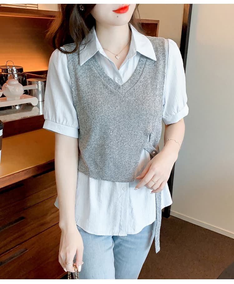 한 부서 페이크 레이어드 반팔 여성 셔츠 2026 여름 새로운 디자인 센스 작은 대중 출퇴근 다용도 맨위 상세 이미지 11