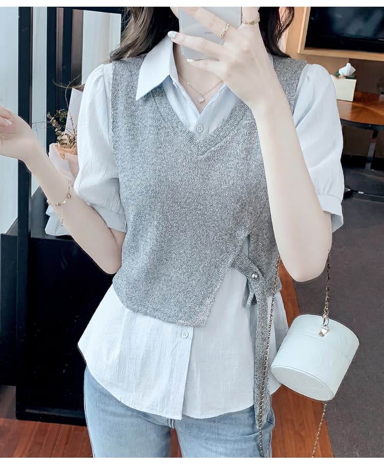한 부서 페이크 레이어드 반팔 여성 셔츠 2026 여름 새로운 디자인 센스 작은 대중 출퇴근 다용도 맨위 상세 이미지 14