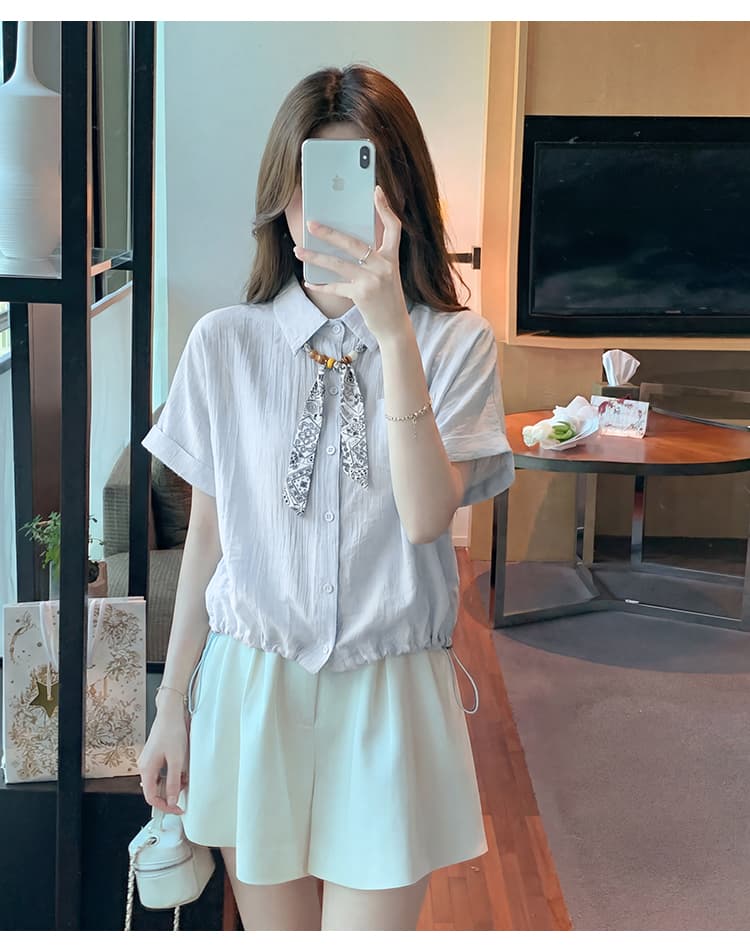 프랑스식 고급 센스 스카프 폴로 칼라 반팔 셔츠 여성 의류 여름 새로운 펌프 로프 허리 수축 슬림해 보이는 다용도 맨위 상세 이미지 17