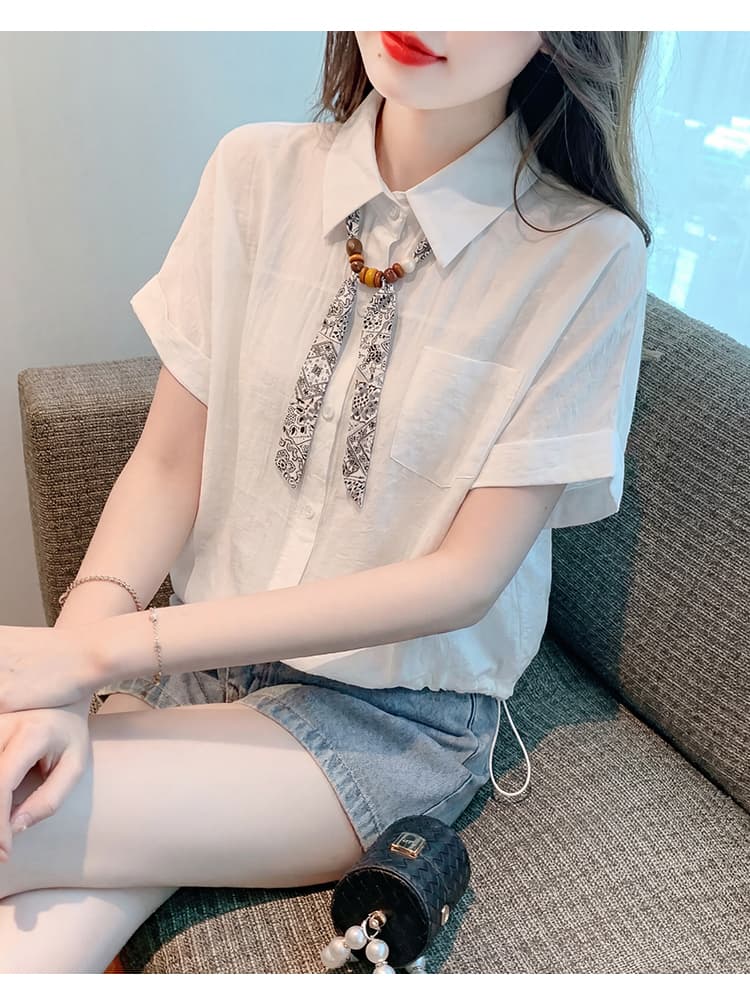 프랑스식 고급 센스 스카프 폴로 칼라 반팔 셔츠 여성 의류 여름 새로운 펌프 로프 허리 수축 슬림해 보이는 다용도 맨위 상세 이미지 27
