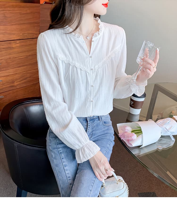 2026 년 가을 새로운 레이스 측면 인사이드 가져 가라. 셔츠 프랑스식 화이트 긴팔 품격 맨위 상세 이미지 7