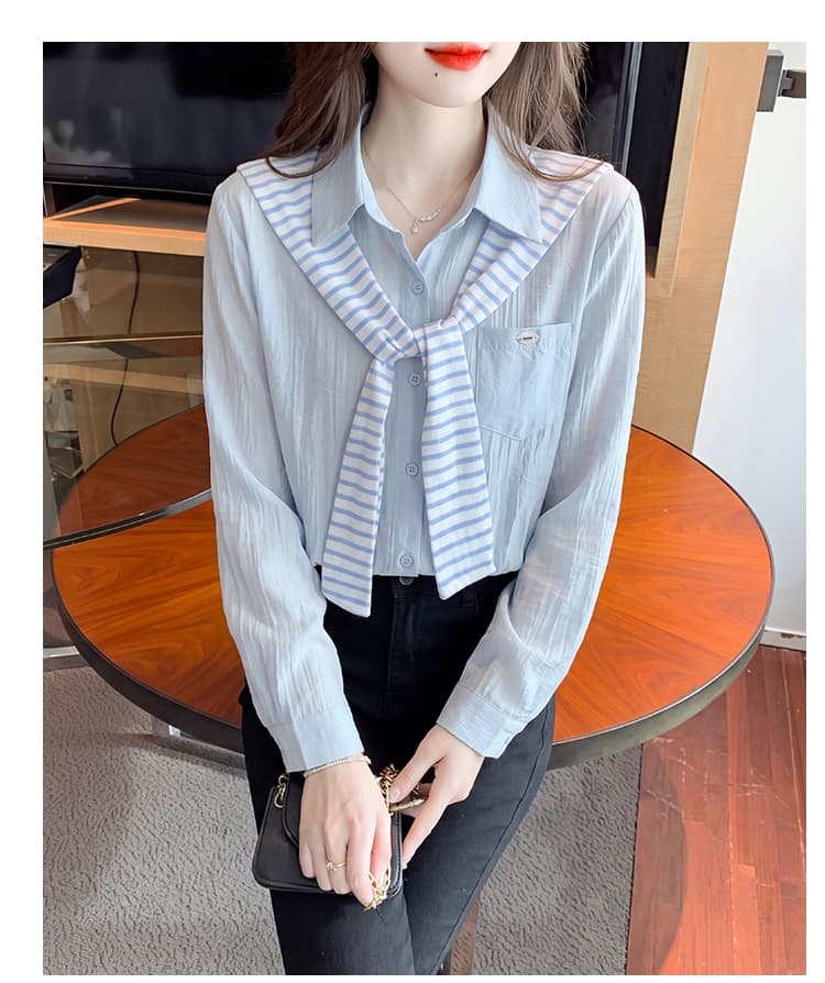 이른 가을 출퇴근 디자인 센스 스트라이프 숄 긴팔 여성 셔츠 2026 새로운 느긋한 바람 페이크 레이어드 맨위 상세 이미지 21