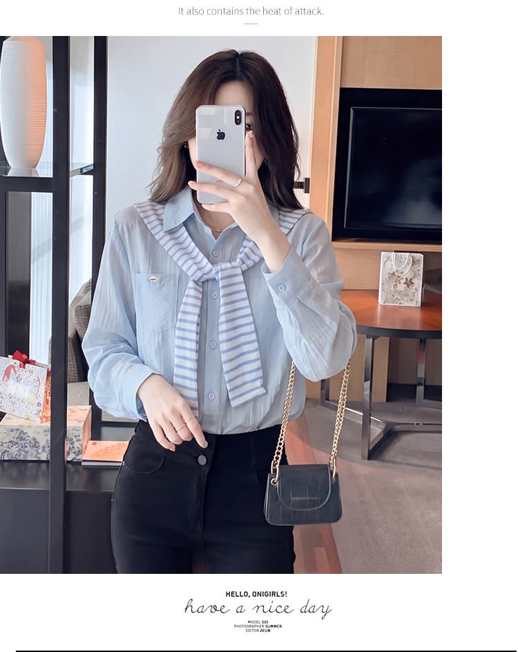 이른 가을 출퇴근 디자인 센스 스트라이프 숄 긴팔 여성 셔츠 2026 새로운 느긋한 바람 페이크 레이어드 맨위 상세 이미지 22