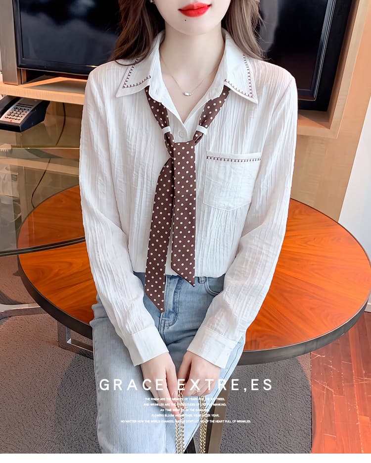 도트 무늬 스카프 화이트 긴팔 여성 셔츠 조기 가을 2026 년 새로운 Chic 고유 한 루즈핏 다용도 맨위 상세 이미지 17