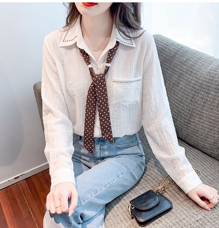 도트 무늬 스카프 화이트 긴팔 여성 셔츠 조기 가을 2026 년 새로운 Chic 고유 한 루즈핏 다용도 맨위 상세 이미지 18