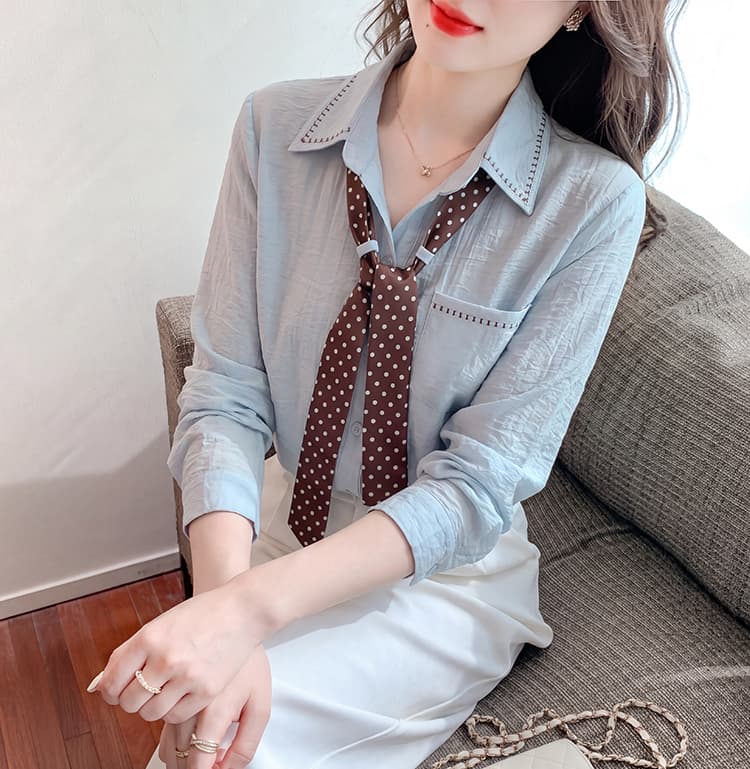 도트 무늬 스카프 화이트 긴팔 여성 셔츠 조기 가을 2026 년 새로운 Chic 고유 한 루즈핏 다용도 맨위 상세 이미지 24