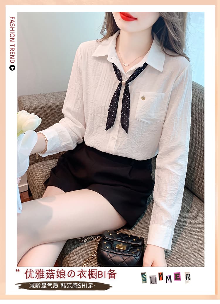 프랑스식 파란색 폴로 칼라 스카프 긴팔 여성 셔츠 2026 가을 새로운 디자인 센스 다용도 슬림해 보이는 맨위 상세 이미지 1