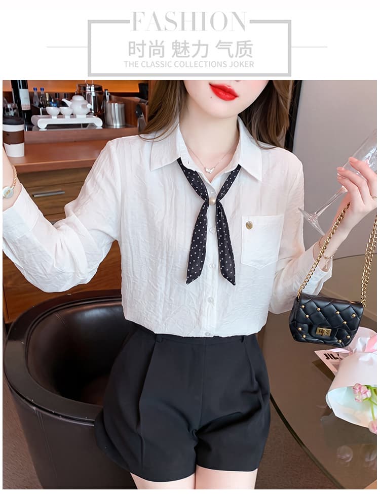 프랑스식 파란색 폴로 칼라 스카프 긴팔 여성 셔츠 2026 가을 새로운 디자인 센스 다용도 슬림해 보이는 맨위 상세 이미지 16