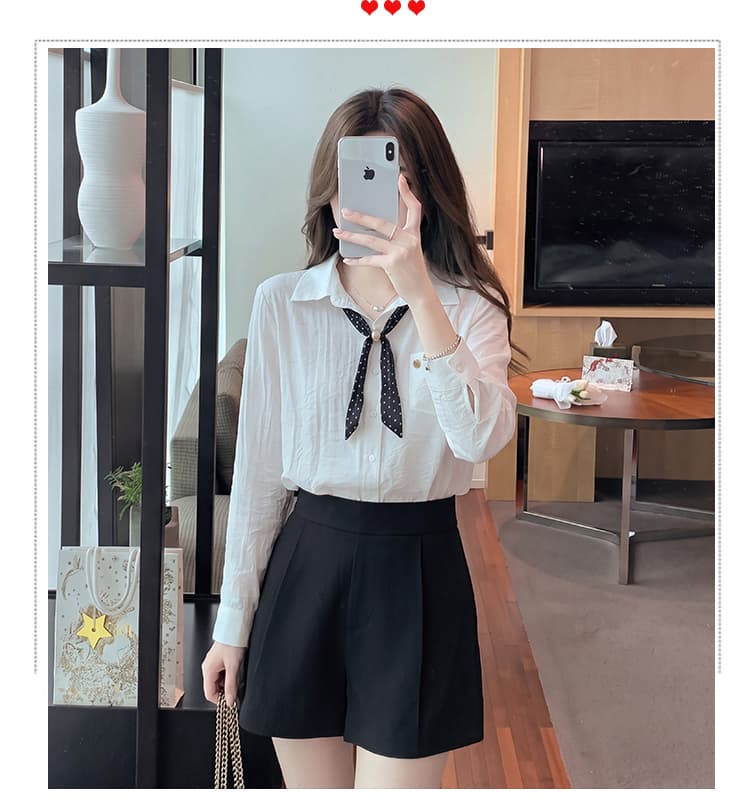 프랑스식 파란색 폴로 칼라 스카프 긴팔 여성 셔츠 2026 가을 새로운 디자인 센스 다용도 슬림해 보이는 맨위 상세 이미지 17
