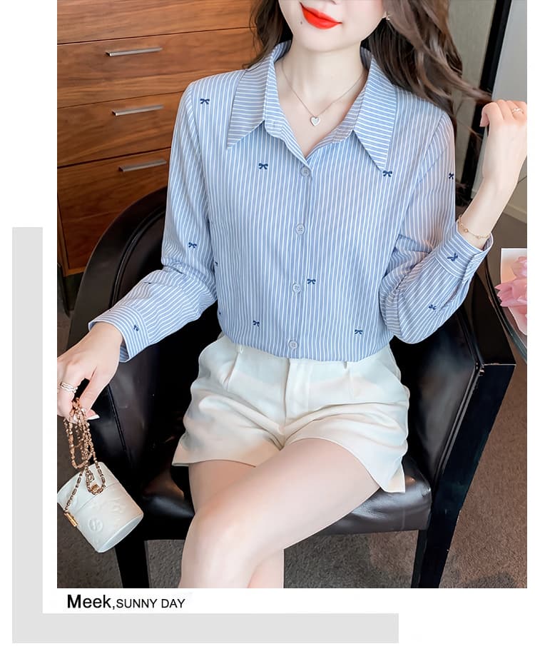 2026 가을 새로운 출퇴근 다용도 품격 몸매 가꾸기 슬림해 보이는 긴팔 셔츠 패션 나비 자수 스트라이프 맨위 상세 이미지 11
