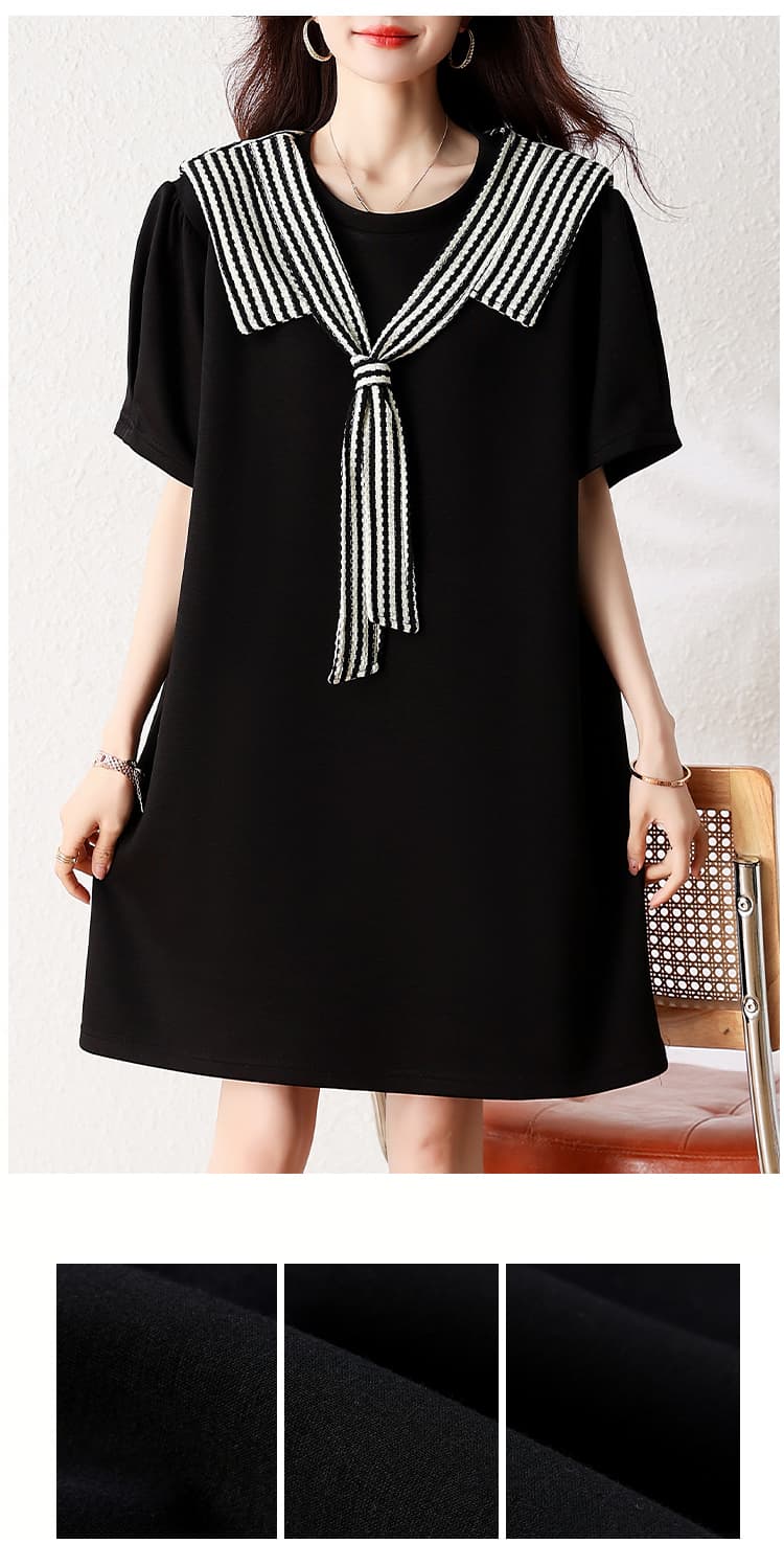 실사 2026 빅 사이즈 여성 의류 스트라이프 숄 칼라 반팔 드레스 통통한 여동생 중간 길이 루즈핏 슬림해 보이는 캐주얼 상세 이미지 8