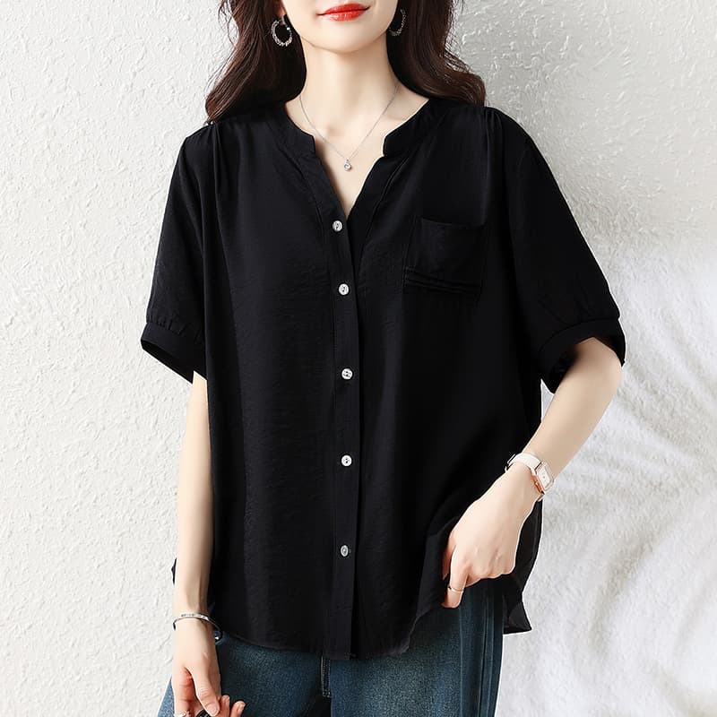 실사 2026 여름 새로운 빅 사이즈 지방 mm 연령 감소 슬림해 보이는 디자인 센스 V 넥 셔츠 다용도 품격 작은 셔츠 이미지 2