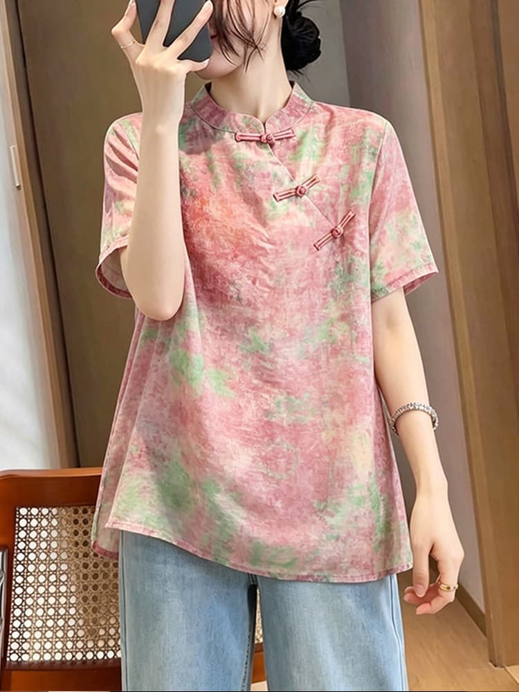새로운 중식 국풍 핑크색 여성 셔츠 2026 여름 새로운 루즈핏 빅 사이즈 슬림해 보이는 레트로 프린트 스탠드 칼라 맨위 이미지 3
