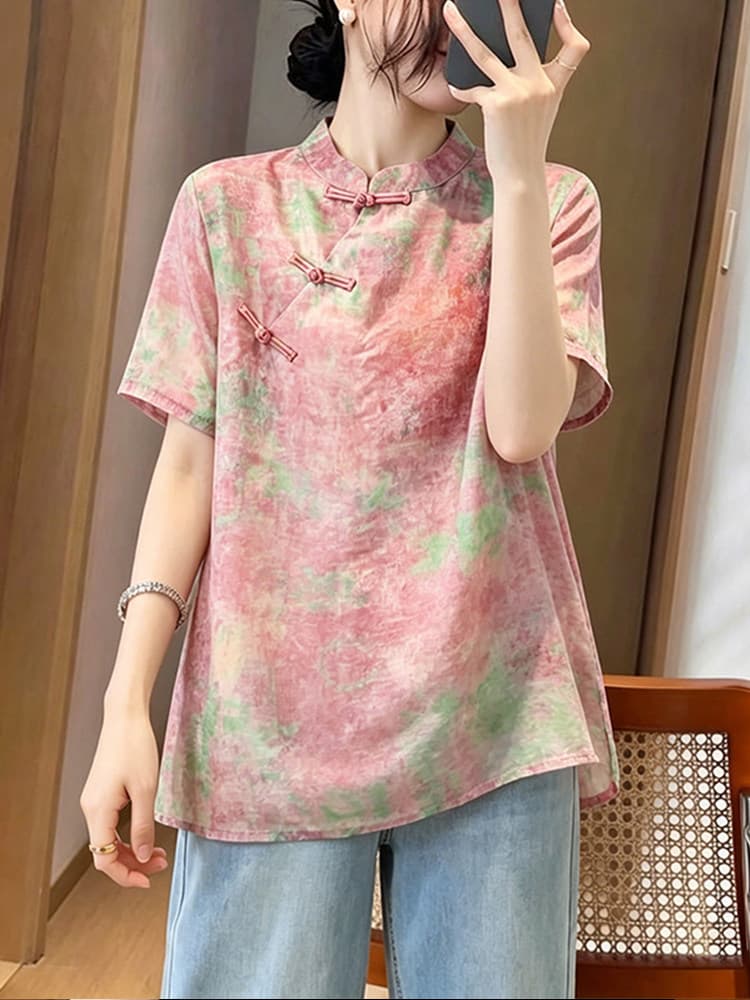 새로운 중식 국풍 핑크색 여성 셔츠 2026 여름 새로운 루즈핏 빅 사이즈 슬림해 보이는 레트로 프린트 스탠드 칼라 맨위 상세 이미지 5