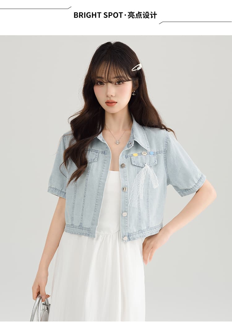 실사 레이스 조각 얇은 스타일 반팔 데님 여성 코트 여름 새로운 패션 연령 감소 외부 가져 가라. 쇼트 스타일 맨위 상세 이미지 2