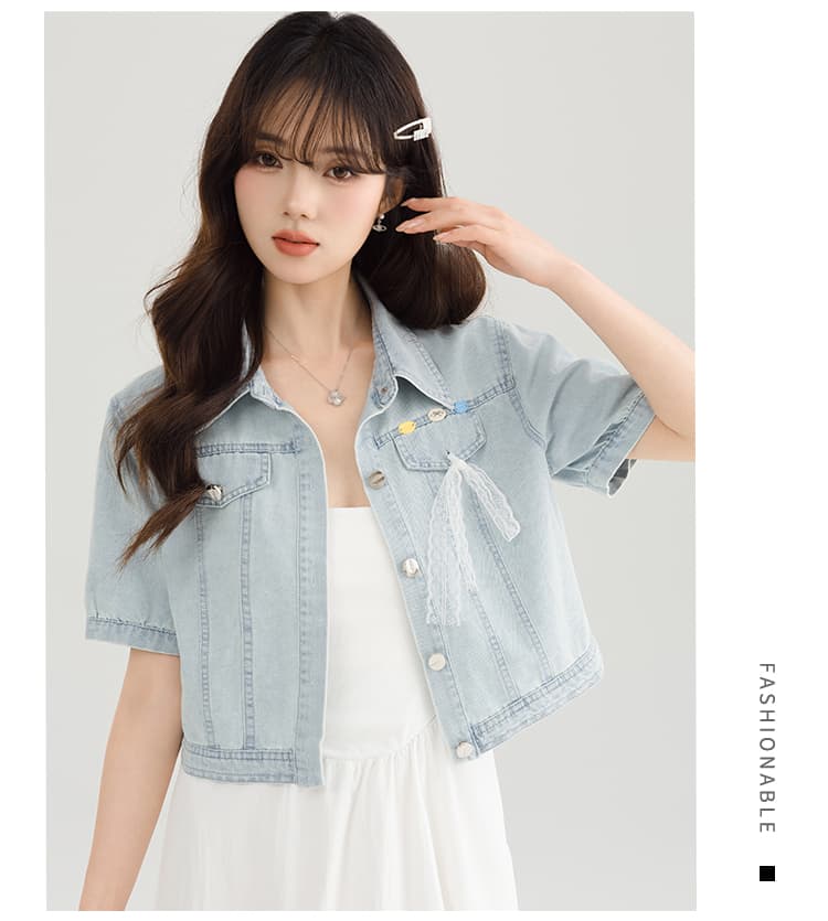 실사 레이스 조각 얇은 스타일 반팔 데님 여성 코트 여름 새로운 패션 연령 감소 외부 가져 가라. 쇼트 스타일 맨위 상세 이미지 13