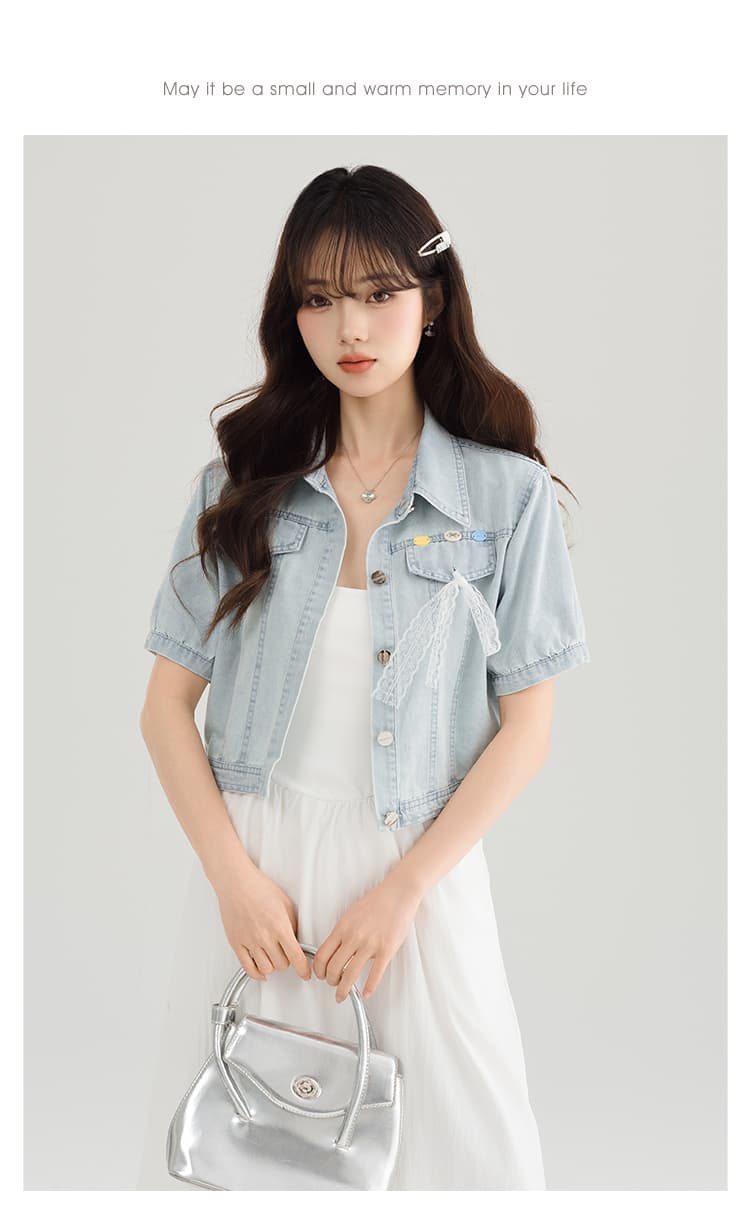 실사 레이스 조각 얇은 스타일 반팔 데님 여성 코트 여름 새로운 패션 연령 감소 외부 가져 가라. 쇼트 스타일 맨위 상세 이미지 18