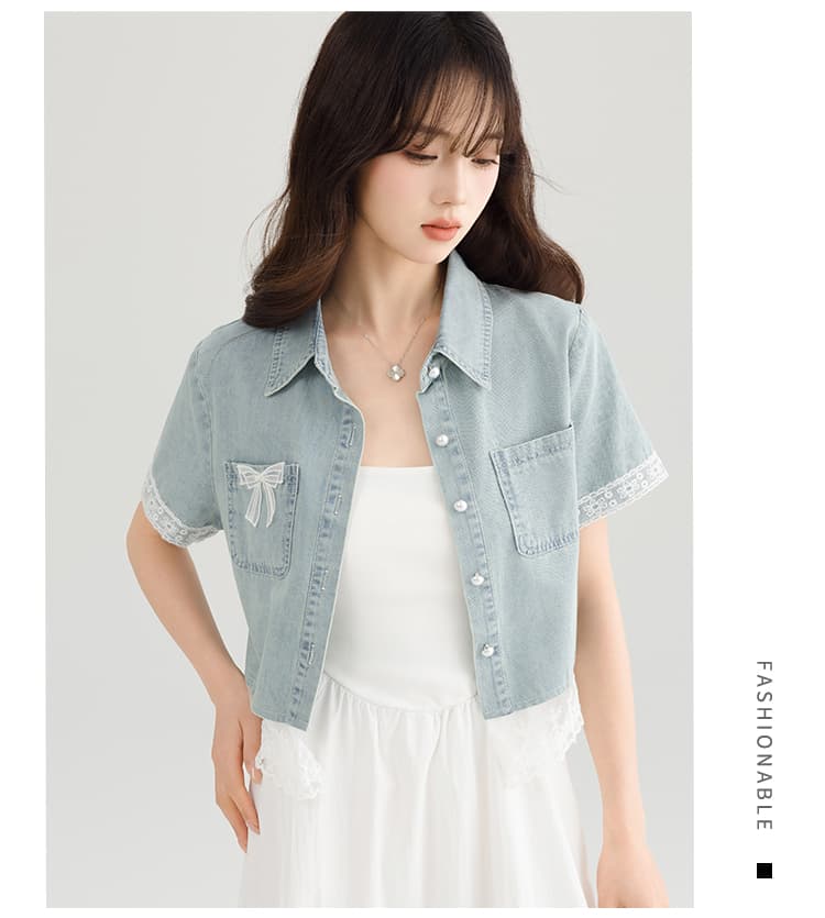 실사 레이스 레이스 패치워크 쇼트 스타일 데님 여성 코트 여름 소금 부서 착용 가져 가라. 반팔 데님 맨위 트렌디 상세 이미지 13